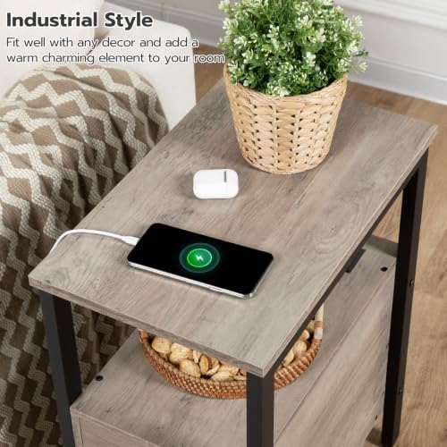 HOOBRO Set of 2 End Tables with Charging Station, Narrow Side Table with Drawers & USB Port & Power Outlets, Nightstand for Small Spaces, Living Room, Stable, Greige and Black BG541BZP201