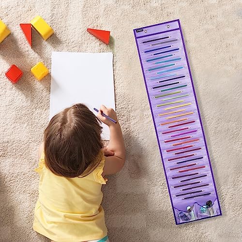 Hanging Pencil Holder Classroom Pencil Parking Pocket Chart Numbered Pencil Dispenser Organizer as Back to School Essentials (1 Pack-Purple)