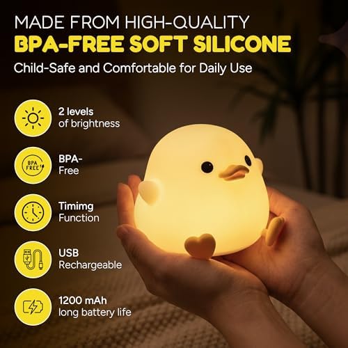 DODO Duck Night Light for Kids, Soft Squishy Silicone Duck Lamp with 20-Minute Timer, 2 Brightness Levels, Rechargeable Touch Nightlight, Ages 3+