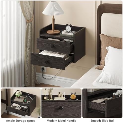 Floating Nightstand Set of 2 with 2 Storage Drawers and Charging Station