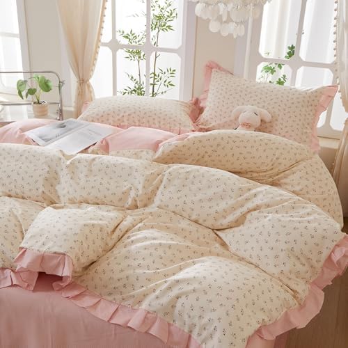 mixinni Pink Floral Duvet Cover Set King Size – 100% Cotton Ruffle Lace Bedding, Romantic Blushing Flower Print, Reversible Striped Pattern, Cottagecore Soft Aesthetic Princess Bedding for Girls