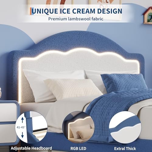IDEALHOUSE Full Bed Frame with LED Headboard and Under-Bed Drawer, Boucle Fabric Upholstered Platform Bed with LED Light for Kids, Girls, Wooden Slats Support, No Box Spring Needed, Blue