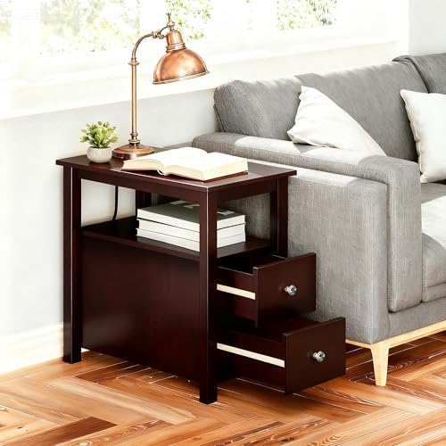 ZENY Narrow End Table Set of 2 Side Table with Drawer and Open Shelf Sofa Table for Living Room Bedroom, Small Table for Bedside, Couch, Espresso
