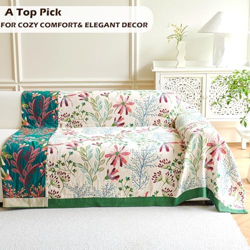 VANJOROY Boho Throw Blanket, 100% Organic Cotton Breathable Ultra Soft 80" x 90" Bed Quilt Throw - All Season Floral Rustic Farmhouse Decor Luxury Reversible Blanket for Sofa Couch Chair and Gift