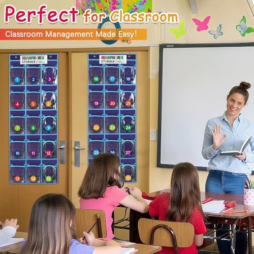 2 Pack Classroom Headphone Storage Organizer with 30 Pockets & 62 Labels