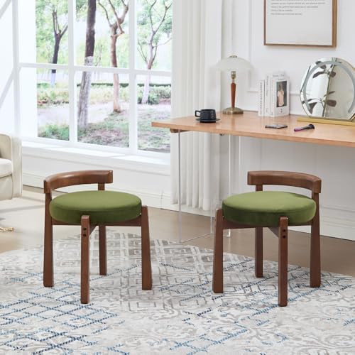 Ya-Home Modern Vanity Chair Upholstered Small Ottoman Footstool, Make Up Stool Velvet Fabric with Backrest Wooden Frame for Living Room Bedrooms, 2PCS, Green