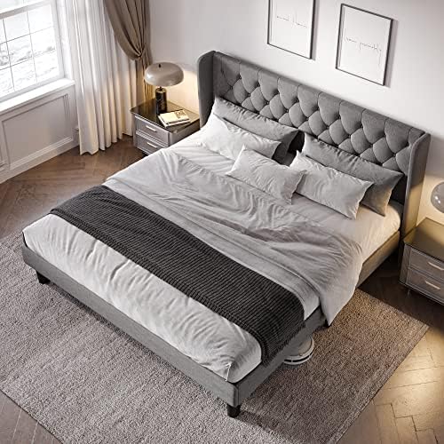 Allewie King Bed Frame with Button Tufted Wingback Headboard, Light Grey