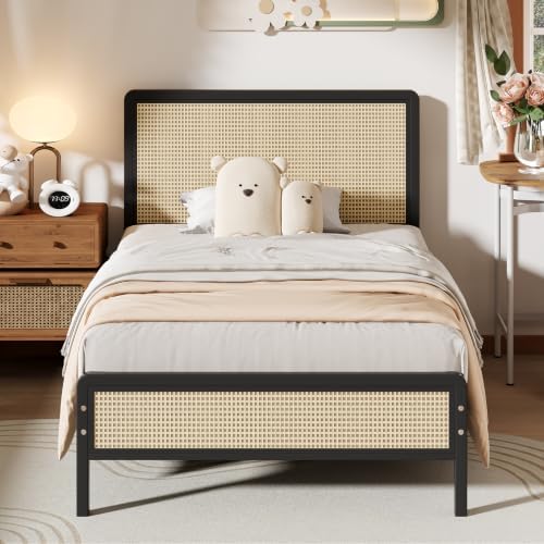 IMMERSTABLE Rattan Twin Bed Frame with Headboard, Boho Twin Metal Platform Bed Frame with Steel Slats, Under Bed Storage, Rounded Corners, No Box Spring Needed, Quiet Design, Easy Assembly, Black