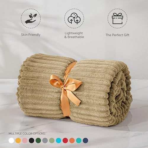 BEDELITE 3D Ribbed Light Brown Fleece Twin Blanket for Couch, 60x80 Inch