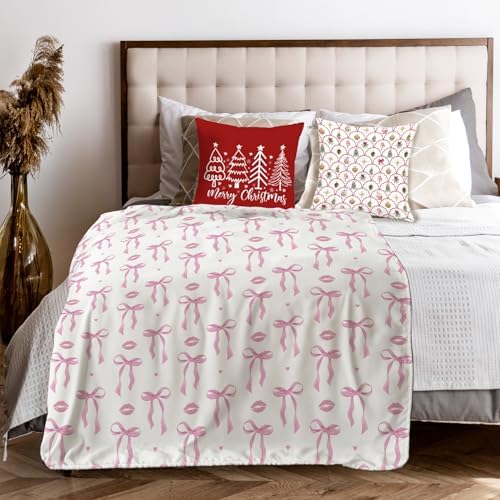 Coquette Pink Bow Throw Blanket for Couch, Preppy Room Dorm Decor, Aesthetic Pink Ribbon Bow Lips Throw Blanket for Girls Bedroom Living Room Home Decoration, 50x60 Inches