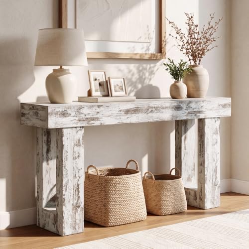 LITTLE TREE 63-Inch Long Console Tables for Entryway, Large Sofa Table Behind Couch, Wooden Entry Foyer Hallway Table, Modern Console Sofa Tables for Living Room, Distressed White