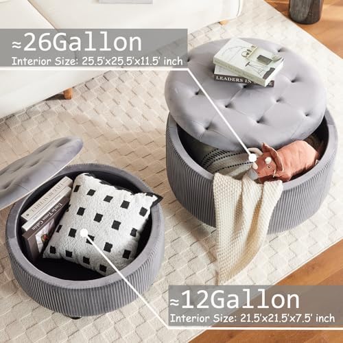 Round Storage Ottoman Coffee Table Set of 2, Gray, 29'' & 24.5''