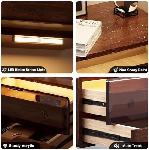 HedoAjim Floating Nightstand Smart Bedside Table LED Nightstand,Wall Mounted Sensor lamp cabniet with Storage for Bedroom Dorm Small Space Solid Wood,Dark Walnut