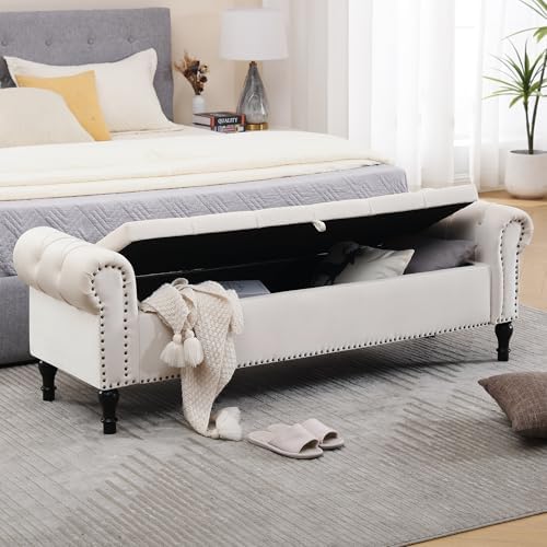 Velvet Storage Bench 67 Inch Upholstered Tufted Ottoman Bench with Arms Large Storage Space King Size End of Bed Benches for Bedroom Living Room Entryway Beige