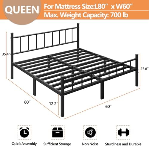 zizin Queen Metal Bed Frame with Headboard and Footboard Steel Slat Support