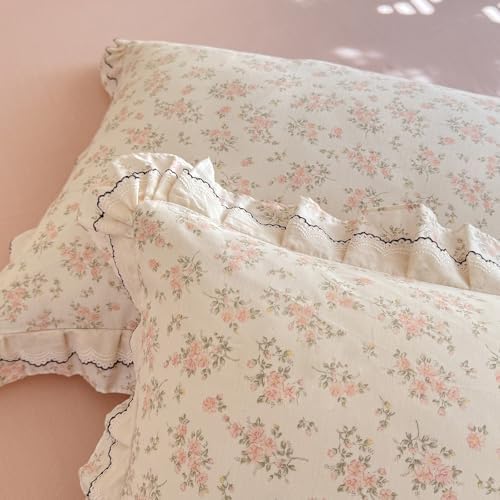mixinni Country Floral Duvet Cover Set Twin XL Size – 100% Cotton Cottagecore Bedding with Double Layer Ruffle Lace & Black Lace Trim, Shabby Chic Reversible Farmhouse Style Comforter Cover 3-Piece