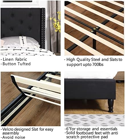 Full Upholstered Platform Bed Frame with 51" Tall Headboard - Button Tufted Cloth Bed - Wood Slat Support with Storage Space - No Box Spring Needed - Easy Assembly - Black - Oliver & Smith - Astor