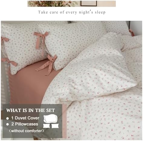 Rose Flower Duvet Cover Queen Stripes Bedding Set 100% Cotton Vintage Country Style Girls Comforter Cover with 2 Bow Tie Pillowcases,Off-White/Cream
