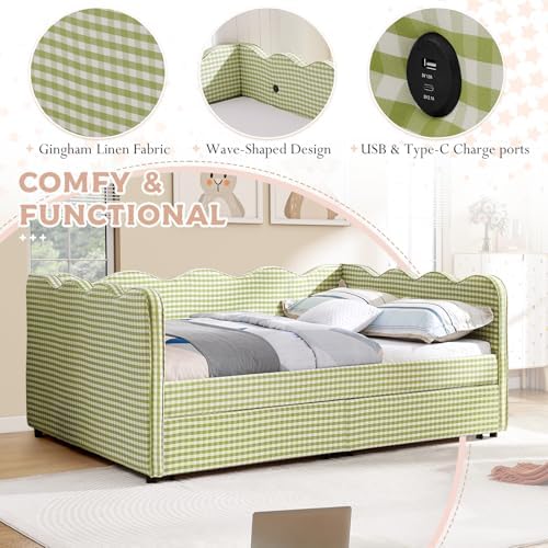Full Size Daybed with Storage Drawers, Linen Gingham Daybed with USB Ports & Wave Shaped, Upholstered Day Bed Frame, Modern Sofa Bed for Living Room/Bedroom/Guest Room, No Box Spring Needed, Green