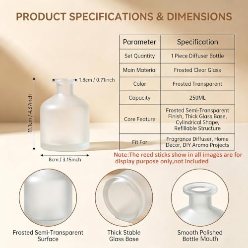 8.4oz Glass Reed Diffuser Bottles, Matte Clear Fragrance Container