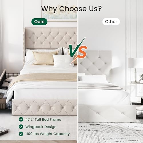 LARMACE King Size Bed Frame with 4 Storage Drawers and 47.2" Tall Tufted Headboard Linen Upholstered Platform Bed Frame Wingback Beds with Wooden Slats Support, Easy Assembly, Beige