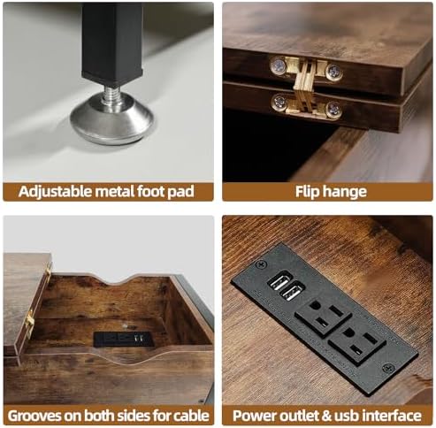 Flip Top End Table with Charging Station, 12" D x 24" W x 24" H, Brown