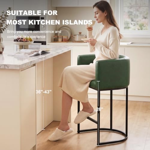 26" H Counter Height Bar Stools Set of 3, Modern Barrel Counter Stools with Backrest and Arms, Faux Leather Upholstered Accent Barstools for Kitchen Island,Support 450 LBS (Green)