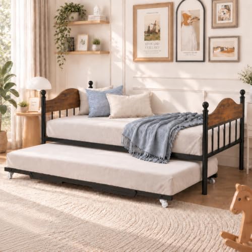Garvee Twin Daybed with Trundle, Twin Bed Frame with with Stylish Headboard, Heavy Duty Steel Slats Platform for Living Room, Bedroom, Brown
