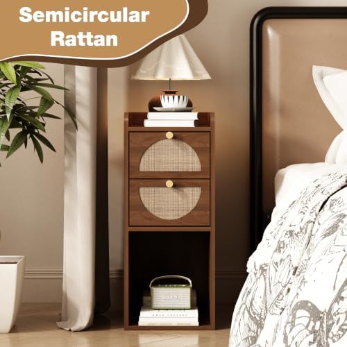 Narrow Nightstand Set of 2 (Rattan & Wood) - Small Bedside Table with 2 Drawers, Open Shelf, Mid Century Modern End Table - for Bedroom, Living Room & Small Spaces, Walnut