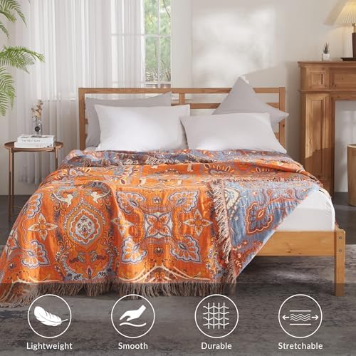 Bailix Boho Throw Blanket, 100% Cotton, Woven Floral Pattern, 60"x80"