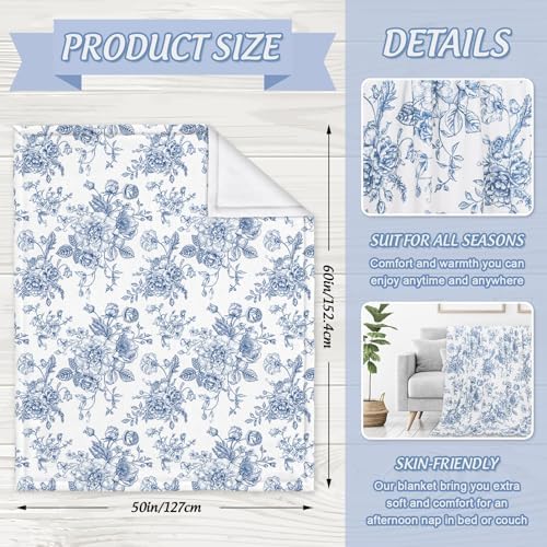 JarThenaAMCS Floral Fuzzy Blanket Blue Flowers Throw Blanket Decorative Soft Cozy Flannel Blanket for Home Bed Sofa Couch Chair, 50 x 60 Inch