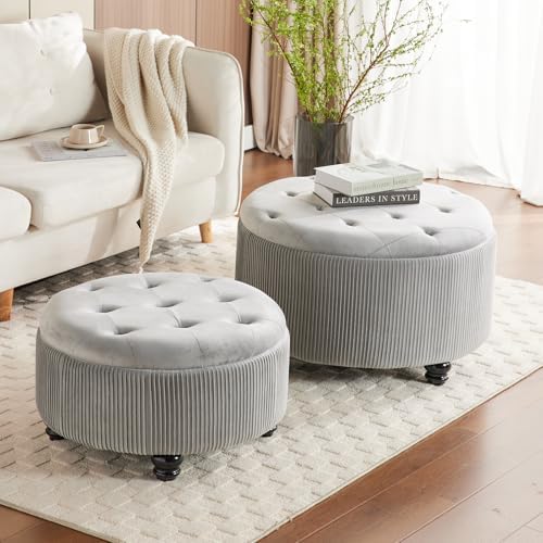 29'' & 24.5'' Round Storage Ottoman Coffee Table Set of 2, Light Gray