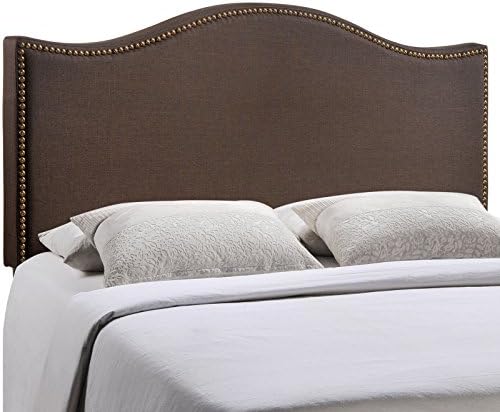 Modway Curl Upholstered Linen Fabric Queen Headboard Size With Nailhead Trim and Curved Shape in Dark Brown Fabric