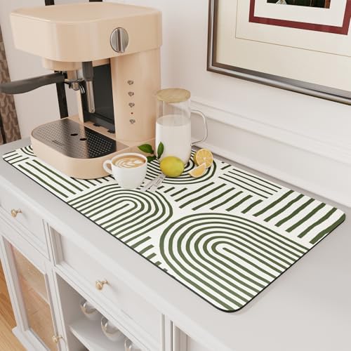 AMOAMI Coffee Mat Hide Stain Rubber Backed Absorbent Dish Drying Mat for Kitchen Counter - Fits Under Coffee Maker or Machine - Green Line 17x31.5