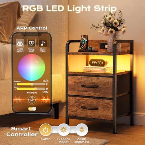 Huuger Nightstands Set of 2, Night Stand with LED Lights, Charging Station
