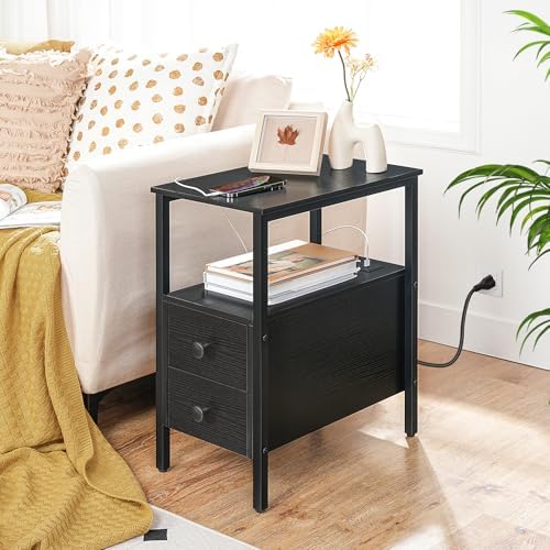 HOOBRO Set of 2 End Tables with Charging Station, Narrow Side Table with Drawers & USB Port & Power Outlets, Nightstand for Small Spaces, Living Room, Stable and Sturdy, Black BK541BZP201