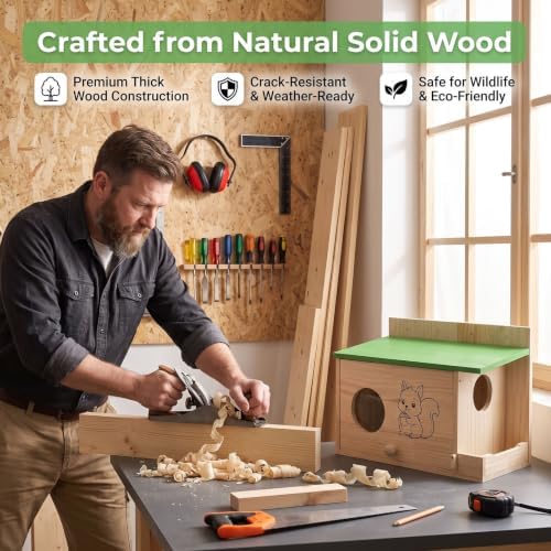 Large Squirrel Houses for Outside, Squirrels Nesting Box with Acrylic Viewing Window, Wood Squirrel Box with Feeder, Backyard Squirrel Shelter Squirrels Feeders for Outside
