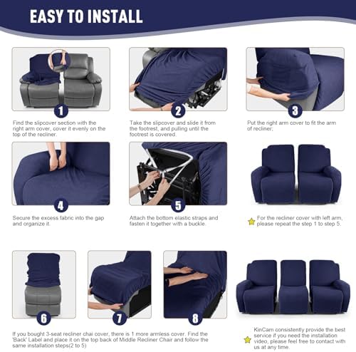KinCam Recliner Sofa Covers, Stretch Reclining Cover, Dark Blue