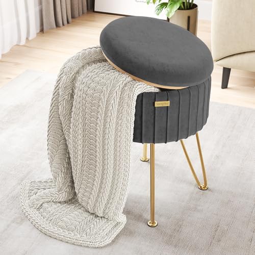 Round Ottoman with Storage, Pleated Velvet Storage Ottoman, Foot Stool Ottomans, Makeup Vanity Stool, Small Ottomans Foot Rest, Modern Vanity Stools for Living Room and Bedroom, Grey