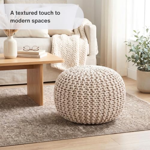 · REDEARTH · Round Pouf Ottoman - Hand Knitted Boho Poof Footrest - Natural