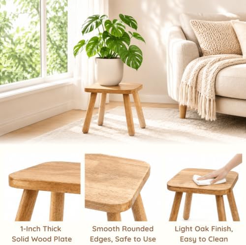 Youeon 12 Inch Square Solid Wooden Step Stool, Non-Slip One Step Stool for Adults, Holds up to 300 Lbs, Portable & Sturdy, Footstool for Bedroom, Bathroom, Kitchen, Easy to Assemble