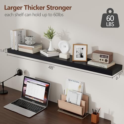 fuqing 48 Inch Floating Shelves, 6.7 Inch Deep Black Wall Shelves Set of 2