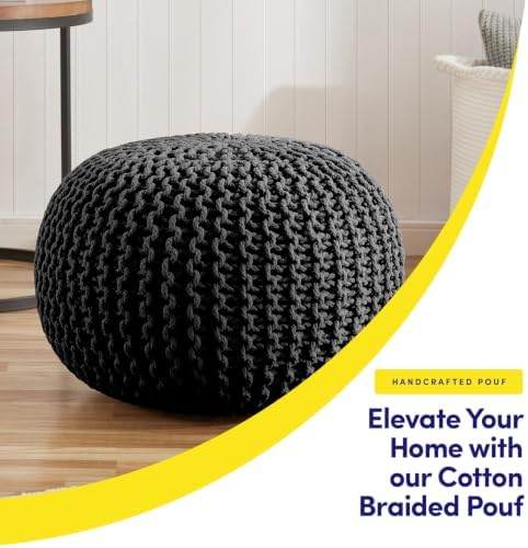 Pouf Ottoman Foot Rest Stuffed – 20” Diameter x 14” Tall Cozy Floor Pouf for Living Room, Bedroom, Nursery & More – 100% Cotton Knit Shell, EPS Bead Filled Footrest & Accent Chair, Black