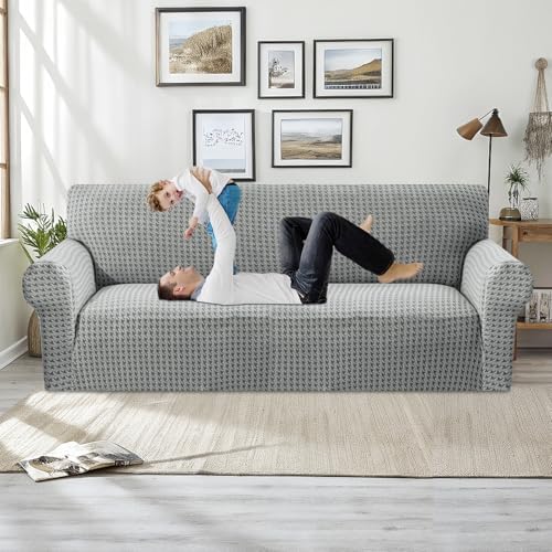 MAXIJIN Stretch Couch Cover Sofa Covers for 3 Cushion Couch (71"-91" Washable Sofa Slipcovers with Non-Slip Foam & Elastic Strap, Dog Cat Pet Friendly Furniture Protector (Large, Light Gray)