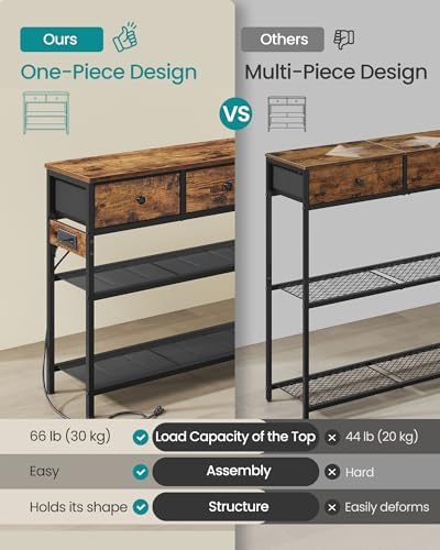 SONGMICS Console Table with Power Outlets and LED Lights, 2 Fabric Drawers