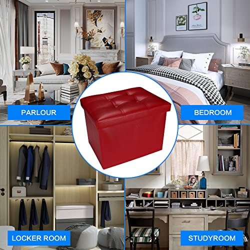 Bsketa Storage Ottoman Bench,17 Inch Folding Leather Foot Rest Stool,Red