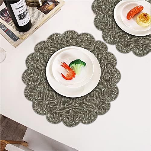 Lightnpro Handmade Beaded Placemats Set of 2 – 13 Inch Gunmetal Round Scalloped Charger Mats, Handcrafted Artisan Table Accessories in Gunmetal | Elegant Dining, Wedding & Home Décor Table Mats