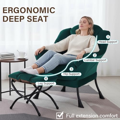 Welnow Lazy Chair with Ottoman, Reading Chair with Footrest,Dark Green
