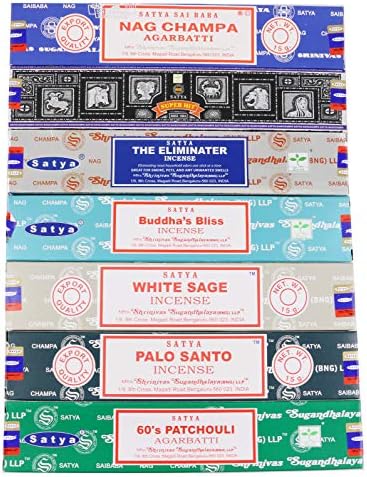 Satya Incense Sticks Gift Set, 7 Scents, Nag Champa, Super Hit, Dragon's Blood, Sandalwood, Patchouli, Lavender, Positive Vibes, 15g Each (Smudge)