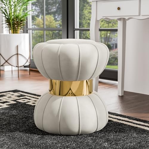Furniture of America Magnus Modern 17-inch Upholstered Ottoman with Hourglass Shape and Stainless Steel Gold Trim, Vanity Stool Chair, Small Foot Stool for Bedroom, Living Room, Entryway, White